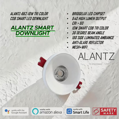 ALANTZ AL662-10W SMART COB TRI COLOR LED DOWNLIGHT BRIDGELUX LED CHIPSET, Works with Smart-life App Google N Alexa