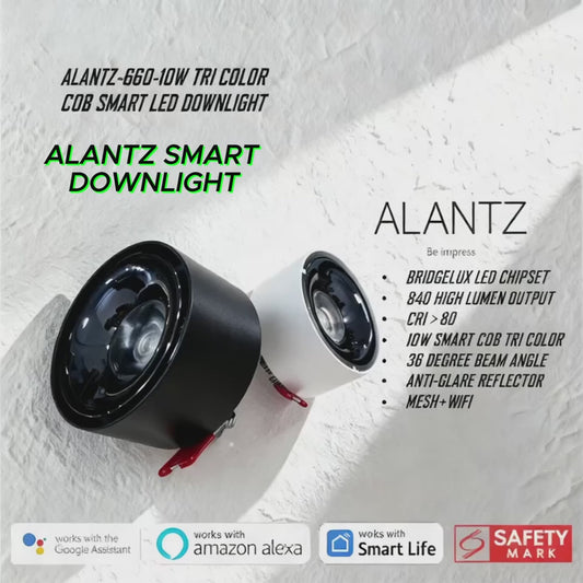ALANTZ-660-10W  WH/BK COB TRI COLOR SMART LED DOWNLIGHT BRIDGELUX LED CHIPSET, Works with Smart-life App Google N Alexa
