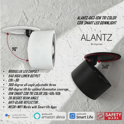 ALANTZ-663-10W  WH/BK COB TRI COLOR SMART LED DOWNLIGHT BRIDGELUX LED CHIPSET, Works with Smart-life App Google N Alexa